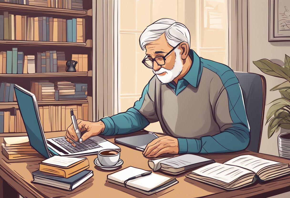 v2-qs7da-ql799 - SeniorLoveHub A senior using a laptop at a cozy home desk, surrounded by books, a cup of coffee, and a notepad with online dating tips