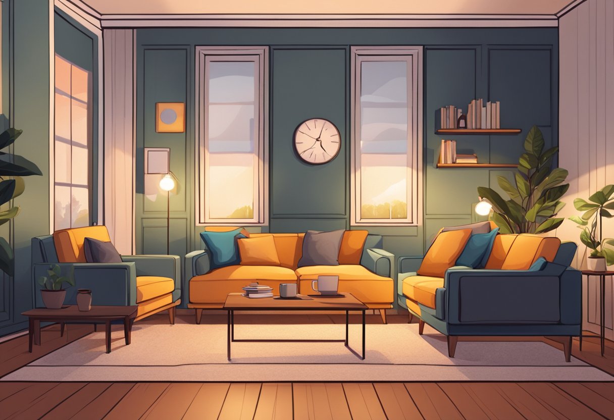 v2-qu0qg-wbz7j - SeniorLoveHub A cozy living room with two armchairs facing each other, illuminated by warm light from a nearby lamp. A laptop sits on a small table, displaying a dating website