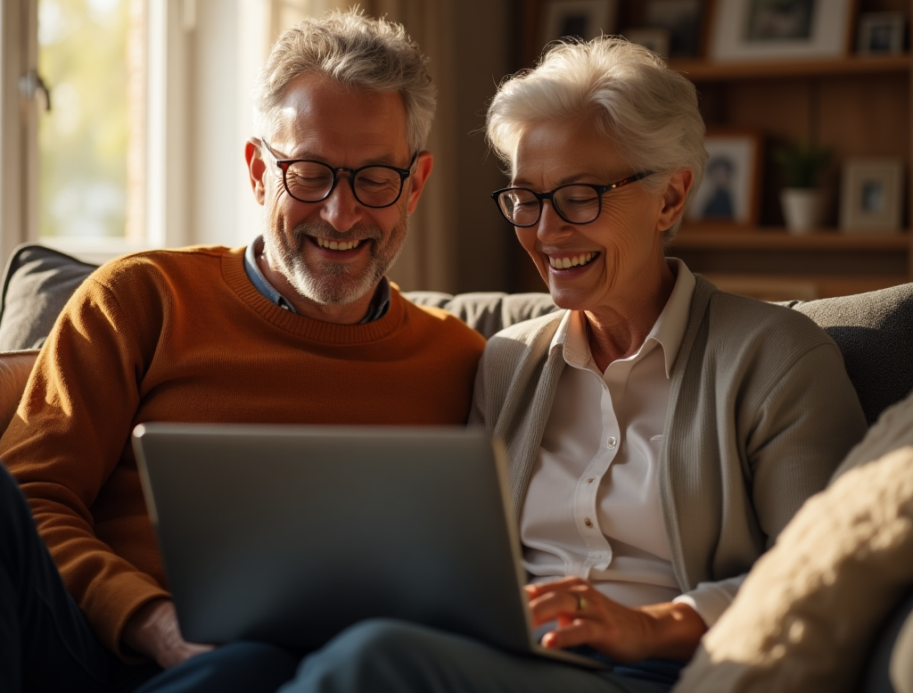 A_couple_in_their_50s_is_sitting_comfortably_on_a_couch_looking_at_laptop - SeniorLoveHub 10 Red Flags to Watch Out for in Online Dating