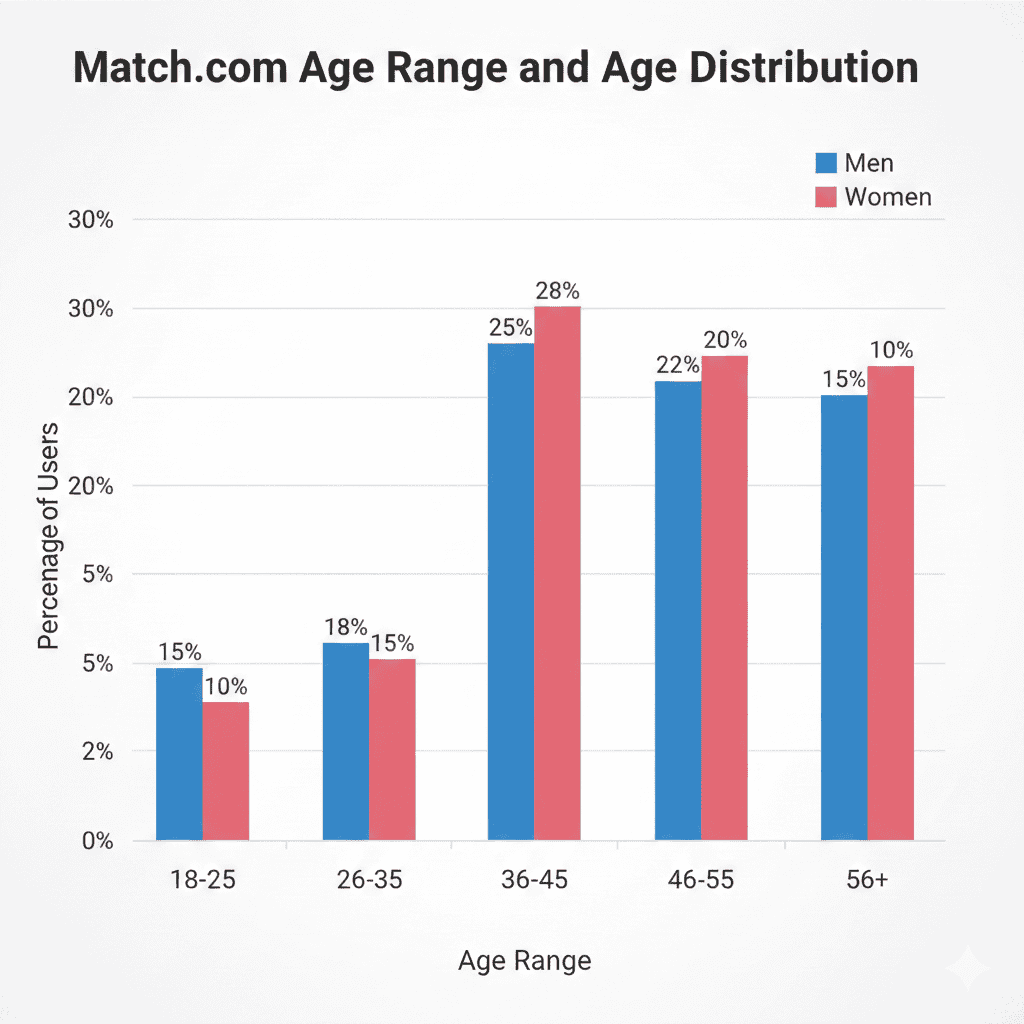 bar chart showing Match.com age range and age distribution for men versus women