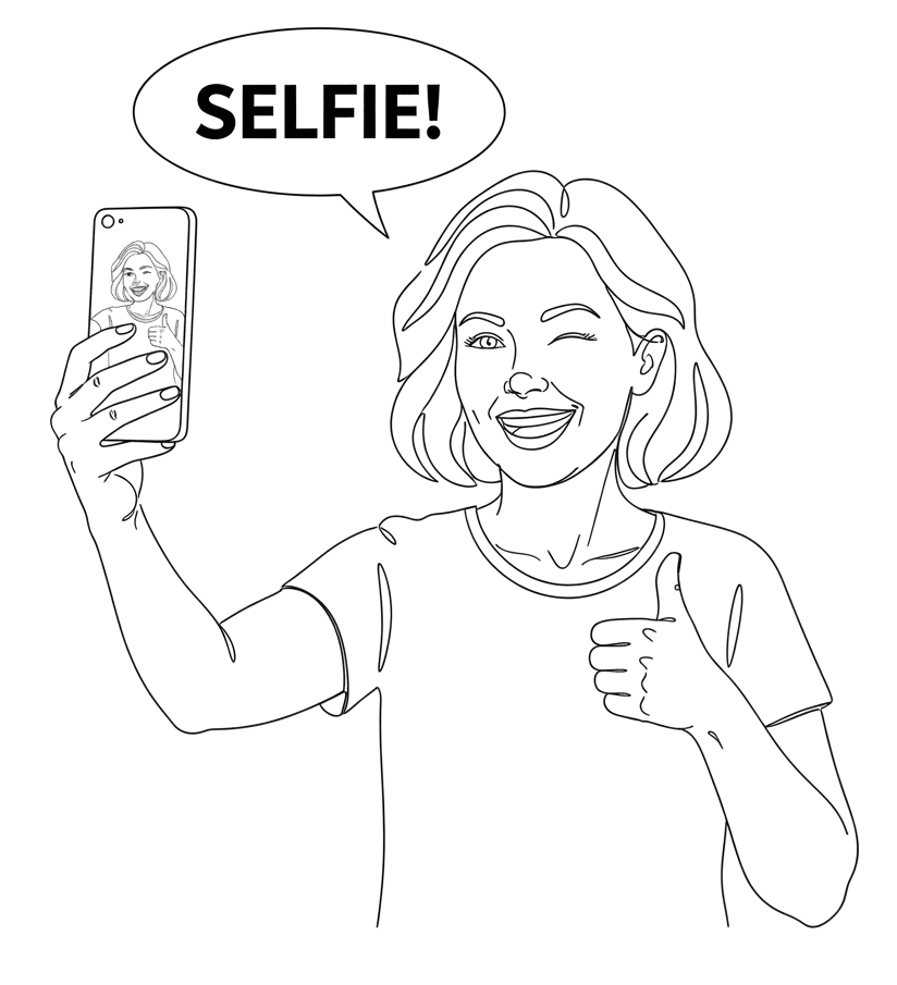 middle age woman taking a selfie for her perfect profile photo.  