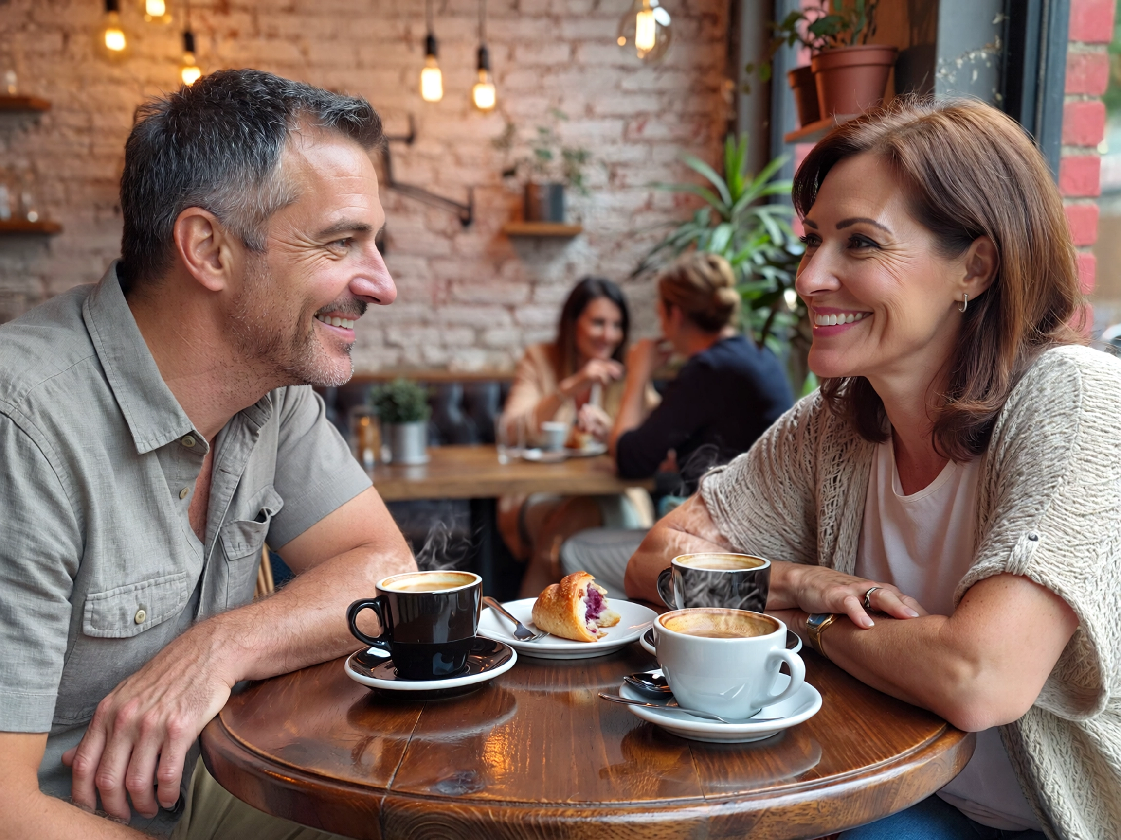 couple smiling in a coffee shop