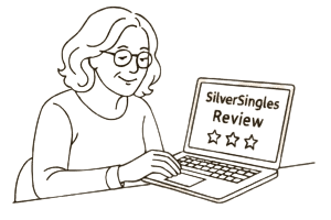 middle age woman reading a review about silversingles on her laptop.